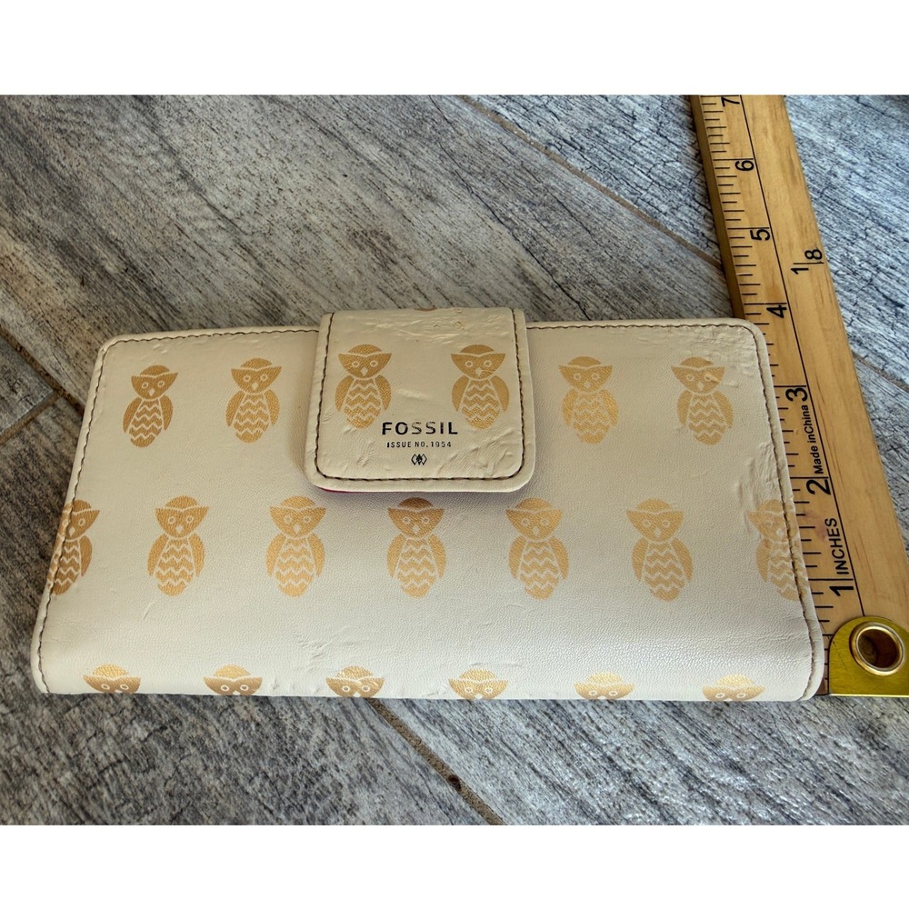 Fossil Owl Bifold Wallet Gold Pink Whimsical Slim Clutch Wristlet Bird Metallic